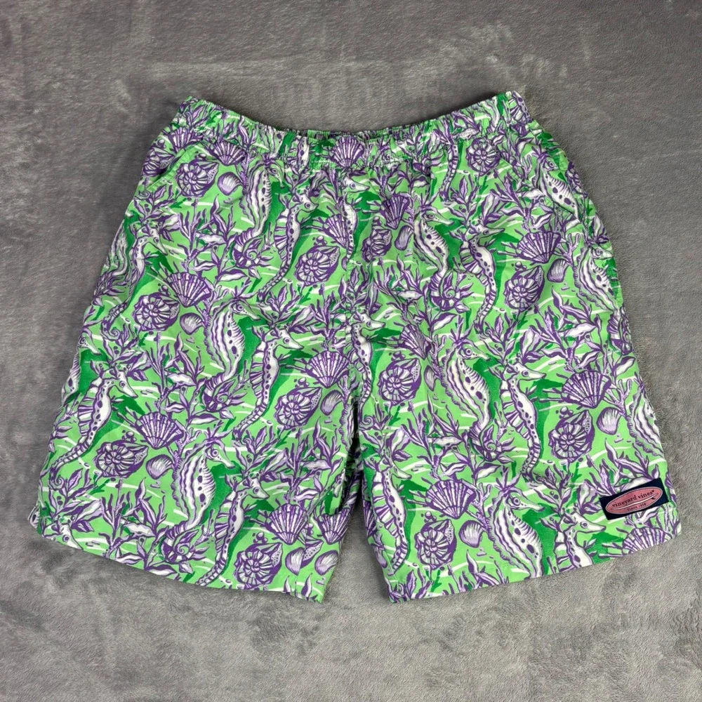 Vineyard Vines Swim Trunks Mens M Green Purple Seahorse Nautical Mesh Lined 6.5